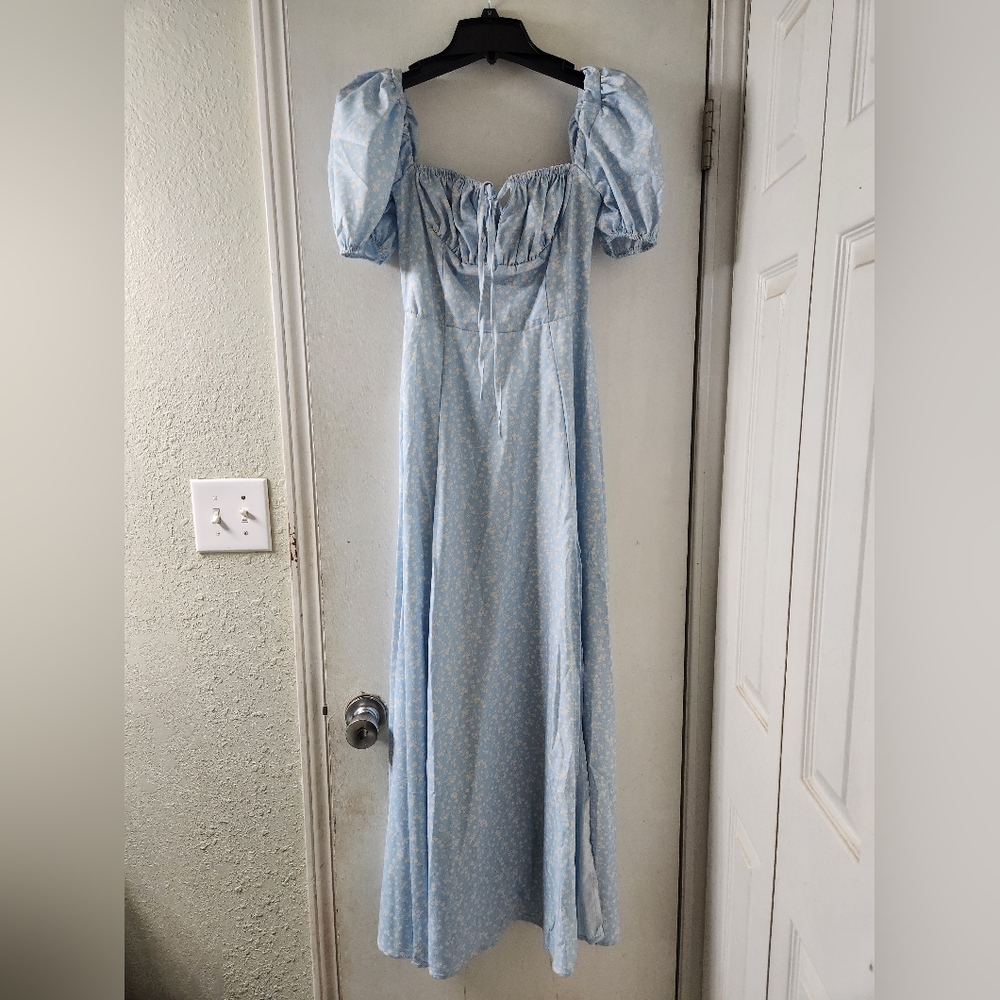 Light Blue Puff-Sleeve Maxi Dress